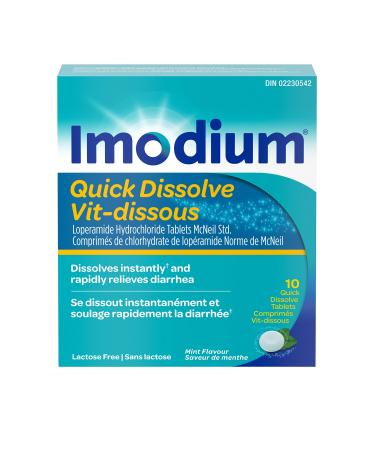 Imodium Diarrhea Relief Quick-Dissolve Mint Flavour Tablets Quick Dissolve Diarrhea Relief Loperamide Hydrochloride 10 Count 10 Count (Pack of 1)