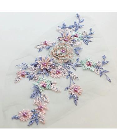 IXUEYU Lace Fabric 3D Flowers Appliques with Beads & Rhinestones - DIY Wedding Decor Dress Patch (Blue + Purple) - Buy Online on GoSupps.com