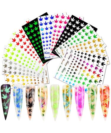 MAIOUSU STORE 12 Sheets Pot Leaf Nail Art Stickers Self-Adhesive 3D Maple Leaf Nail Stickers Fall Nail Art Decals Glitters Flakes Autumn Nail Supplies Colorful Weed Leaves Design for DIY Nail