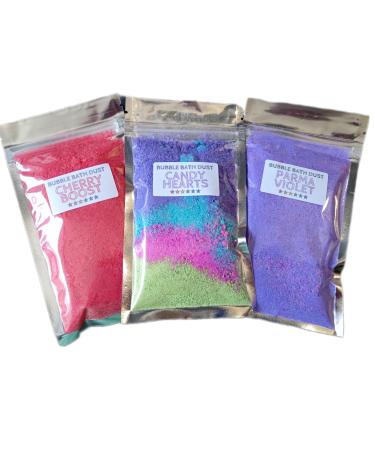 Set of 3 Bubble Bath Dust - Sweet Scents Cherry Boost Parma Violet Candy Hearts (Bath Bomb Dust with Lasting Bubbles) Contains Epsom Salts (Sweet)