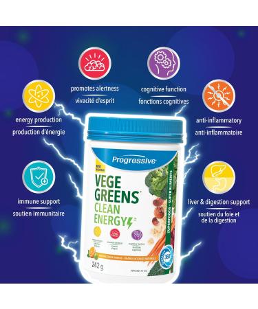 Progressive VegeGreens Clean Energy Natural Tangy Orange Flavour 242 g | Energy Production Promotes Alertness and Cognitive Function - Buy Online on GoSupps.com