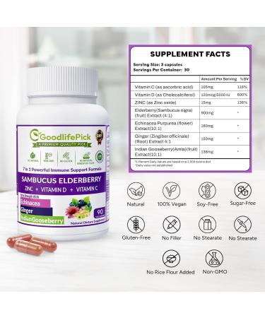 7 in 1 Elderberry with ZINC Vitamin C Vitamin D Echinacea Ginger & Indian Gooseberry (Amla).Premium Elderberry Capsules 90 ct All Natural Non-GMO Vegan No Rice Powder No-Gluten 90 Count (Pack of 1) - Buy Online on GoSupps.com
