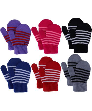Jupsk Toddler Gloves Kids Winter Warm Knitted Gloves Magic Stretch Striped Baby Mittens for Boys and Girls 1 2 3 4 Years Old 6 Pairs