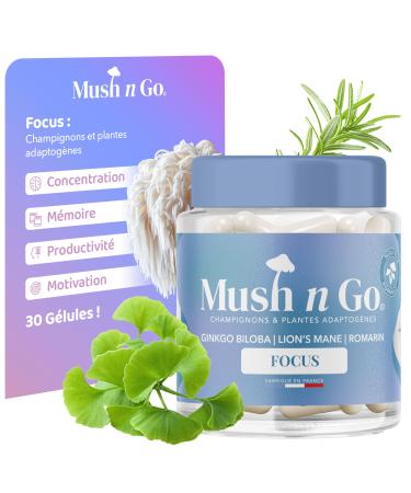 MUSHNGO Focus Improves Concentration & Mental Clarity - Lion's Mane Ginkgo Biloba Rosemary MCT Oil - Made in France - Vitamins & Minerals - Natural Adaptogens - Vegan Gluten Free