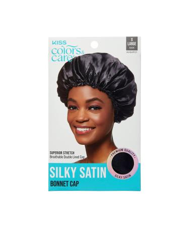 KISS COLORS & CARE Silky Satin Bonnet Cap  XL  Protective  Gentle Fabric & Slip-Free Elastic Band  For Most Hair Types - Overnight Wear  Breathable  Stylish Sleep Cap  Black