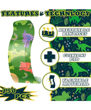 150 Pcs Bulk Kids Dinosaur Bandages - 15 Fun Styles, Adhesive & Flexible for Boys, Girls, Students - Cartoon Design - Buy Online on GoSupps.com