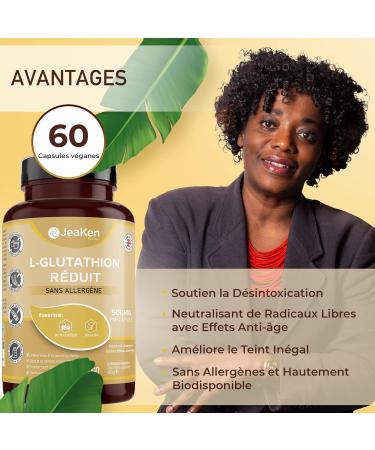 JeaKen - L-Glutathione Reduced - Detoxification Support - Free Radical Neutralizer with Anti-Aging Effects - Improves Uneven Skin Tone - Allergen-Free & Bioavailable - 60 Vegan Capsules - Buy Online on GoSupps.com