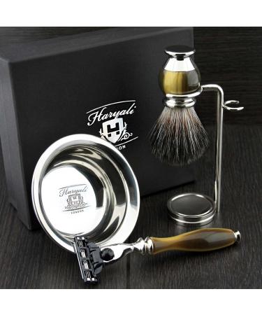 4 Pc Men's Shaving Kit - 3 Edge Razor Black Badger Hair Brush Stand & Stainless Steel Bowl | Perfect Grooming Gift - Buy Online on GoSupps.com
