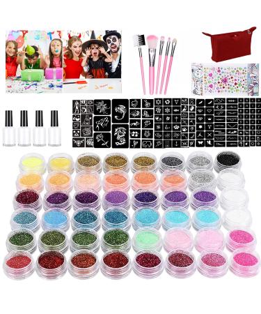Glitter Tattoos Kit 48 Colors Waterproof Temporary Tattoos with 203 Stencils  5 Brushes 4 Glue  Body Nail Art  Body Glitter Festival Party (48 Colors)