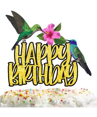 Yellow Glitter Bird Flower Happy Birthday Cake Topper Flying Nature Theme Decor Supplies Woman Lady Birthday Party Decorations