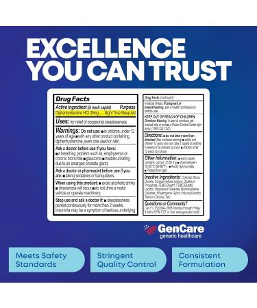GenCare - Sleep Aid Diphenhydramine HCL 25mg Blue Caps (100 Caplets) - Non Habit Forming Nighttime Sleeping Pills for Adults to Fall Asleep Faster & Sleep Deeper Through The Night - Sleep Aids - Buy Online on GoSupps.com