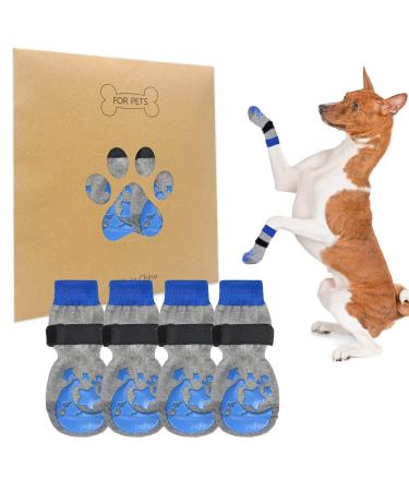 BEAUTYZOO Non Slip Dog Socks for Small Medium Large Dogs Grip Dog Paw Protector for Hard Wood Floor Senior Old Dogs Injury Protection to Prevent Licking 2 Pairs Socks Anti Twist for Hot/Cold Pavement Moon and Star Blue S/M(Pack of 4)