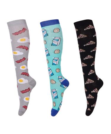 LEOSTEP Compression Socks for Women (3Pair) Knee High Support Stocking Ideal for Nurse Flight Sports Travel Pregnancy 20-30mmHg L-XL Fried egg