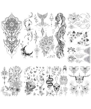glaryyears 9 Sheets Mix Black Temporary Fake Tattoos for Women Men Adults, Snake Butterfly Mermaid Sun Moon Flowers Designs Tattoo Stickers on Chest Waist Waterproof Body Art Large Size Mix A
