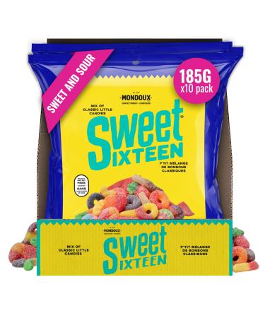 Sweet Sixteen Sweet and Sour Candy Classic Mix of Sour-Coated Gummies 10 packs x 185g Peanut & Nut-Free Candies Soft Chewy and Always Fresh 185 g (Pack of 10)