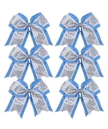 Cheerleader Bows 8 Inch 3 Layers 6 Pcs Ponytail Holder Jumbo Cheerleading Bows Hair Elastic Hair Tie for High School College (Light Blue/White/Silver)
