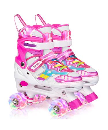 Roller Skates for Girls and Boys,4 Size Adjustable Kids Toddler Roller Skates with Light up Wheels for Toddlers Children Outdoor Indoor Pink Small(10-13C)