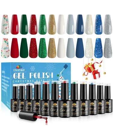 12 Colors Christmas Gel Nail Polish Set EBANKU Christmas Collection Gel Nail Polish Glitter Red Green Blue White Gold Silver Gel Polish Starter Kit Xmas Nail Polish Kit for Women Girls DIY Nail Art