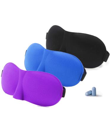 Serenily Super Smooth Sleep Mask - 3 Pack Lightweight Sleeping Mask 3D Contoured Shape Blindfold Mask Mask for Travel Eye Mask for Sleeping with Adjustable Strap Includes a Pair of Earplugs