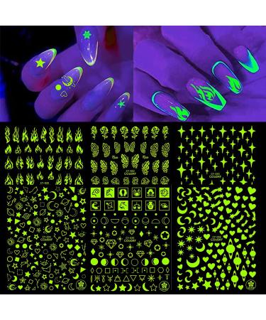 6 Sheets Luminous Flame Stars Moon Flowers Nail Art Stickers, 3D Self Adhesive Fire Constellation Star Butterfly Flower Heart Nail Design For Women Girls, Glow in Night, DIY Nail Decoration