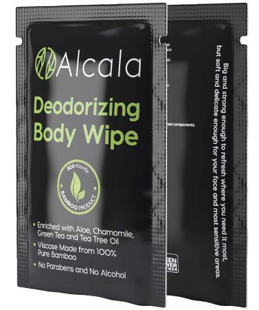 Alcala Deodorizing Body Wipes 100% Pure Bamboo with Tea Tree, Individually Wrapped Biodegradable Shower Wipes (30 Pack) 30 Count (Pack of 1)