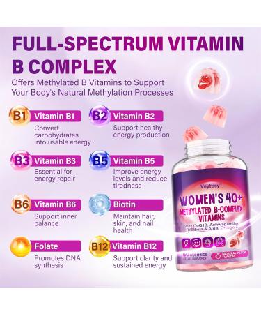 Methylated B Complex Vitamins Gummies for Women 40 Plus - B-Complex Vitamins B6 B1 B2 B3 B5 Methyl B12 Methylfolate Biotin with Vitamin C Omega-3 CoQ10 & Ashwagandha - Sugar-Free Vegan Non-GMO Peach 60 Count (Pack of  - Buy Online on GoSupps.com