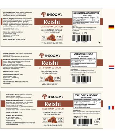 as prime products SHROOMY Reishi Ganoderma lucidum capsules 120 pieces Fruit body extract 20 betaglucans Vegan Glass bottle - Buy Online on GoSupps.com