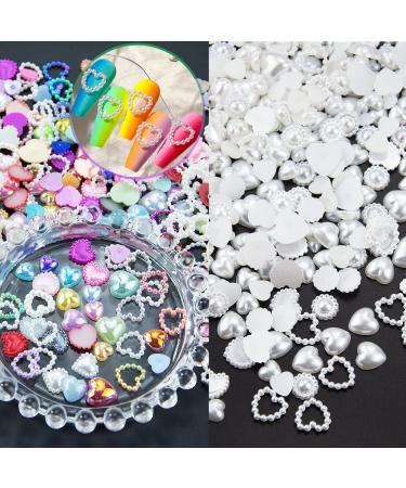 500Pcs Mixed Styles AB Color Half Pearls Heart Nail Beads Flatback Hollow White Assorted Pearls Heart 3D Nail Art Charms Embellishments for Nail Art DIY Crafts Accessories Scrapbook