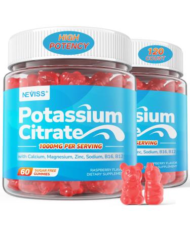 Potassium Citrate 1000mg Gummies, Potassium Magnesium Supplement + Calcium, Zinc, Sodium, Vitamin B6, B12, Support Leg Cramps, Electrolyte Balance, Body Performance, Energy Boost, Sugar Free, 120 Cts 60 Count (Pack of 2)