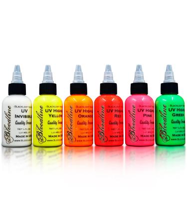 Bloodline Ink Professional Blacklight UV 6 Color Set - 1/2 oz (15 ml) - HIGHLIGHT SERIES. Made in the U.S.A. Six bright fluorescent inks for your vibrant ideas