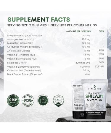 VITALRYZE Himalayan Shilajit Gummies with Ashwagandha Maca Root & Cordyceps Supports Energy Vitality & Focus Testosterone & Stamina Himalayan Shilajit Organic Travel Friendly 60 Gummies - Buy Online on GoSupps.com