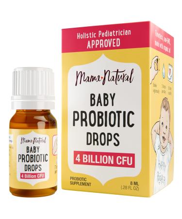 Mama Natural Baby Probiotic Drops (0.28 Fl Oz) | 4 Billion CFU Pediatrician-Tested Infant Probiotic Helps with Colic Relief for Newborns & Constipation Ease for Infants - Unflavored Baby Gas Drops Baby Probiotic Drops 0.28 Fl Oz (Pack of 1)