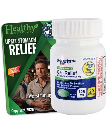 Healthy Surplus Equate Gas Relief - Simethicone 125 mg - 20 Softgels and Vital Volumes Upset Stomach Relief Tips Card