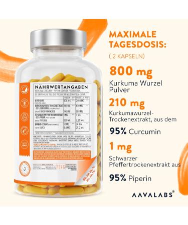 Kurkuma Capsules | 95% Curcumin & Piperine | Aavalabs - High Dose Vegan Curcumin Extract Complex | 180 Laboratory-Tested Capsules - Buy Online on GoSupps.com