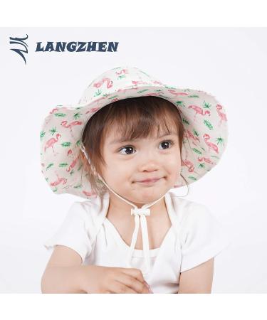 LANGZHEN Beach Sun Protection Hat for Baby Girls - Adjustable Toddler Kids Wide Brim Hat with Chin Strap - Flamingo Buff - Ages 2-4 - Buy Online on GoSupps.com