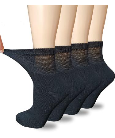 VEIGIKE Women Extra Wide Comfort Fit Loose Fit Quarter Socks Moisture Wicking Cushion Diabetic Socks Loose Fit for Wide Swollen Feet Ankle 4 pairs 9-11, Black, One Size