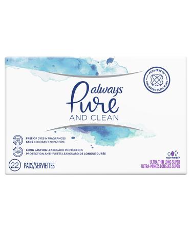 Always Pure & Clean Ultra Thin Feminine Pads for Women Long Super Absorbency with Wings Unscented 22 Count- Pack of 3 (66 Count Total)