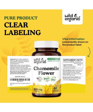 Wild & Organic Chamomile Capsules 800 mg - Relaxation & Digestive Support - Herb Chamomile Extract Supplement - Matricaria Recutita Flower - Vegan No Fillers Non-GMO - 60 Count 60 Count (Pack of 1) - Buy Online on GoSupps.com