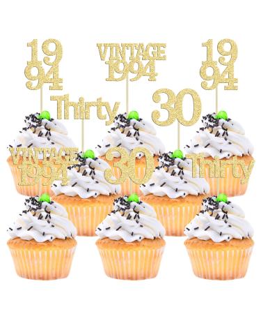 Gyufise 24Pcs Happy 30th Birthday Cupcake Toppers Glitter Thirty 30 Fabulous Vintage 1994 Cupcake Picks for 30th Birthday Wedding Anniversary Party Cake Decorations Supplies Gold Gold 30th