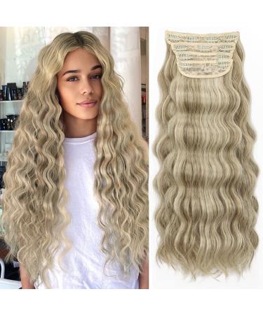 KooKaStyle Hair Extensions  4PCS Clip in Long Beach Wavy Hair Extensions Thick Natural Hairpieces Double Weft for Women Full Head (20 Inch  Ash Brown mix Platinum Blonde) 20 Inch Ash Brown mix Platinum Blonde