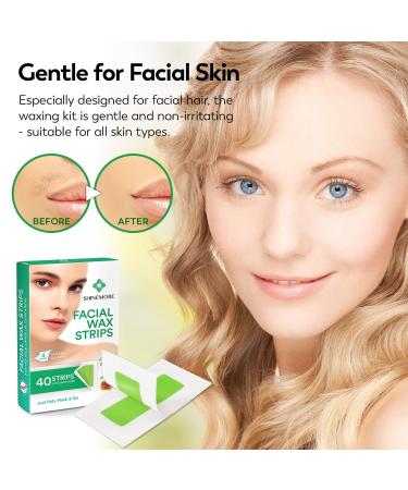 Facial Wax Strips for Women - Hypoallergenic Hair Removal for All Skin Types - Gentle and Fast-Working on Face, Eyebrow, Upper Lip, Chin - 40 Wax Strips + 4 Calming Oil Wipes - Buy Online on GoSupps.com