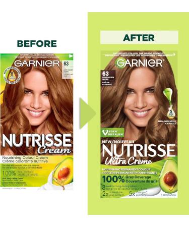Garnier Nutrisse Ultra Cr me Permanent Hair Dye 100% Grey Coverage Vegan Formula Nourished Hair Long-Lasting Rich Colour 63 Light Golden Brown 1 Application Packaging May Vary BROWN SHADES 63 Light Golden Brown - Buy Online on GoSupps.com