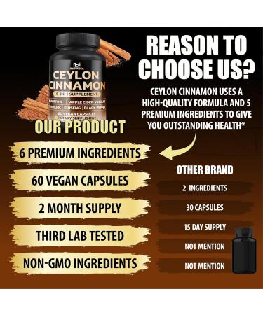 Ceylon Cinnamon Capsules with Berberine HCl Supplement - Panax Ginseng Apple Cider Vinegar Turmeric Curcumin - Support Immunity & Energy Production - 60 Capsules - 2 Month Supply - Buy Online on GoSupps.com
