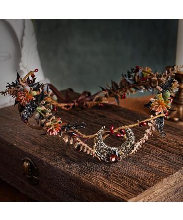 MOSTORY Handmade Moon Flower Crown Headpiece Burgundy Floral Elf Circlet Woodland Forest Headband for Witch Devil Queen Carnival Renaissance Fest Halloween Cosplay Prom Wedding Red - Buy Online on GoSupps.com
