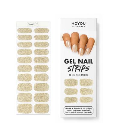 MOYOU LONDON Semi Cured Gel Nail Wraps 20 Pcs Gel Nail Polish Strips for Salon-Quality Manicure Set with Nail File & Wooden Cuticle Stick (UV/LED Lamp Required) - Gold Rush