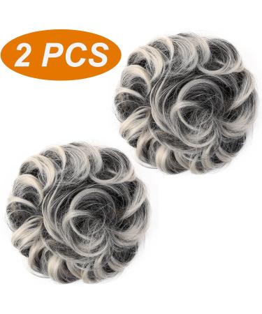 JJstar 2PCS Messy Bun Hair Pieces - Curly Fake Hair Buns for Women - High Heat Resistant Synthetic Fiber Scrunchies - Gray & White Tips - Buy Online on GoSupps.com