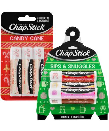 ChapStick Lip Balm Holiday Variety Packs (7 Sticks) Candy Cane Sips & Snuggles Flavored Lip Moisturizers Stocking Stuffers 0.15 Oz Ea