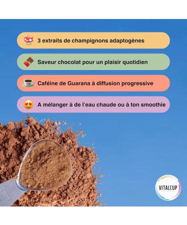 Energicup | Energizing drink preparation with guarana and adaptogenic mushrooms | Chocolate flavor | Concentration Immunity Energy | 240g 30 doses 1 month | Gluten-free | Made in France - Buy Online on GoSupps.com