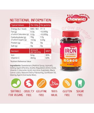 Iron & Vitamin C Vegan Chewable Gummies - Sugar Free Ferrous Sulfate Iron | Immune System Support | 1-Month Supply - Buy Online on GoSupps.com