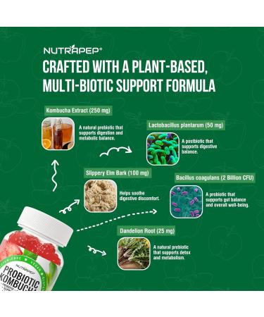 Probiotic Kombucha Gummies - Women Men Probiotic Prebiotic Probiotic Blend for Gut Health Bloating Metabolism Support with Slippery Elm Bark Dandelion Root - Vegan Gluten Free Apple Flavor 60 Count (Pack of 1) - Buy Online on GoSupps.com